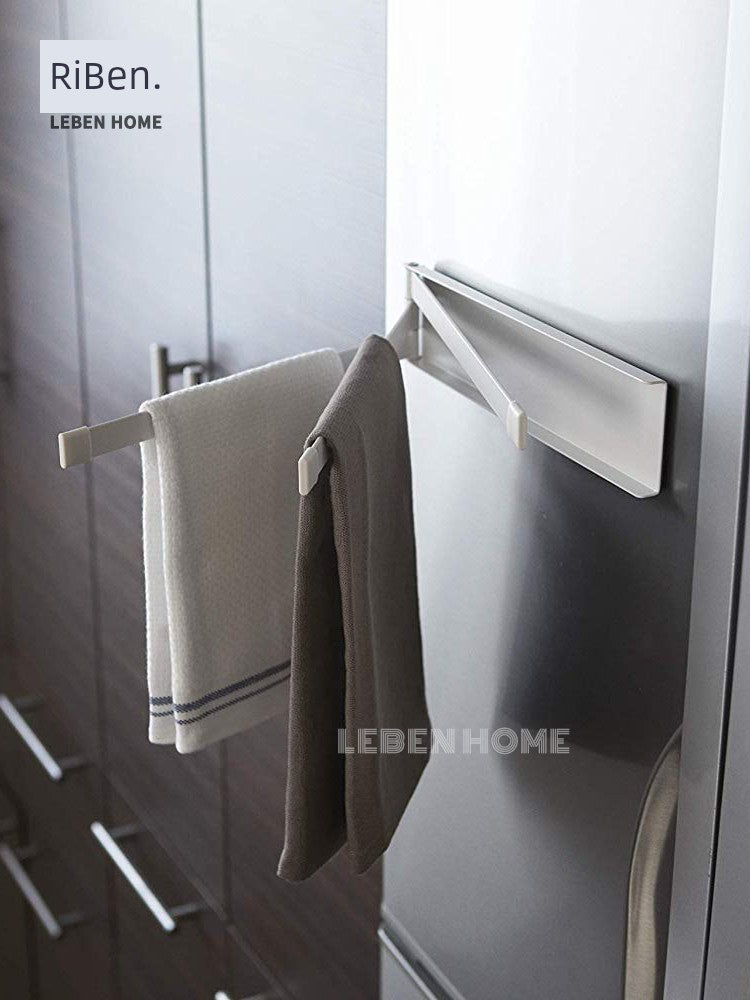 Liben Multi-Bar Towel Rack - Rotating Magnetic mounted on a fridge, holding two towels with 360° rotating arms. Ideal for modern home organization.