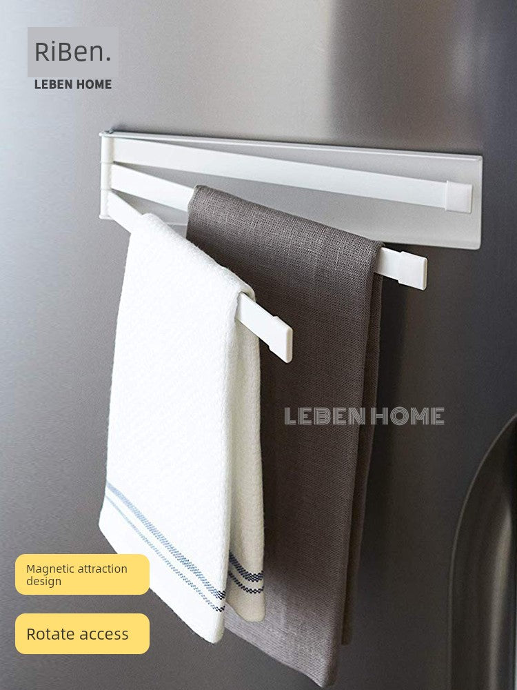 Liben Multi-Bar Towel Rack - Rotating Magnetic with 360° rotation, mounted on a fridge holding two towels. Ideal for modern home organization.